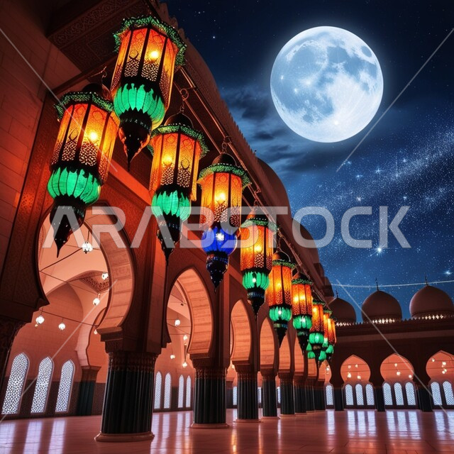 الاحتفال بشهر رمضان المبارك بتعليق الفوانيس المتوهجة في رحاب وساحات المساجد، تحف تقليدية للاستعداد لقدوم شهر الخير، أضواء وأنوار وديكورات المناسبات الاسلامية والدينية، الأجواء الرمضانية الروحانية، مصابيح عربية معدنية مزخرفة مضيئة