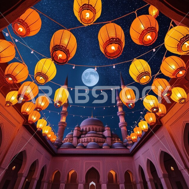 الاحتفال بشهر رمضان المبارك بتعليق الفوانيس المتوهجة في رحاب وساحات المساجد، تحف تقليدية للاستعداد لقدوم شهر الخير، أضواء وأنوار وديكورات المناسبات الاسلامية والدينية، الأجواء الرمضانية الروحانية، مصابيح عربية معدنية مزخرفة مضيئة