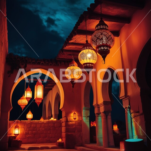 Celebrating the holy month of Ramadan by hanging glowing lanterns in the courtyards of mosques, traditional artifacts to prepare for the arrival of the month of goodness, lights and decorations for Islamic and religious occasions, the spiritual atmosphere of Ramadan, decorative illuminated metal Arabic lamps