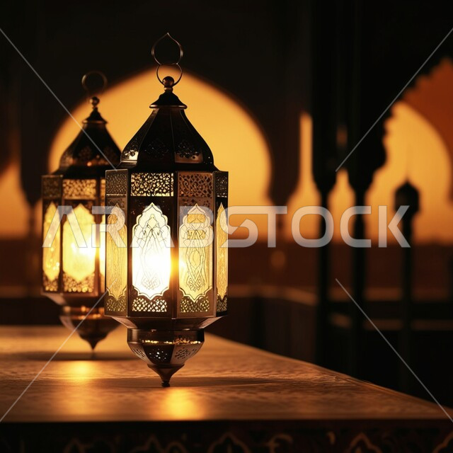 Celebrating the holy month of Ramadan by hanging glowing lanterns in the courtyards of mosques, traditional artifacts to prepare for the arrival of the month of goodness, lights and decorations for Islamic and religious occasions, the spiritual atmosphere of Ramadan, decorative illuminated metal Arabic lamps