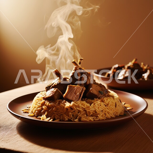 فنون تقديم الطعام في مطاعم المأكولات التقليدية الشرقية، طبق من أرز الكيبولي اللذيذ مع قطع لحم الضأن المزين بأعواد القرفة، وصفات وأطباق طعام لذيذة صحية، أكلات شعبية عربية خليجية سعودية بالأعشاب والتوابل