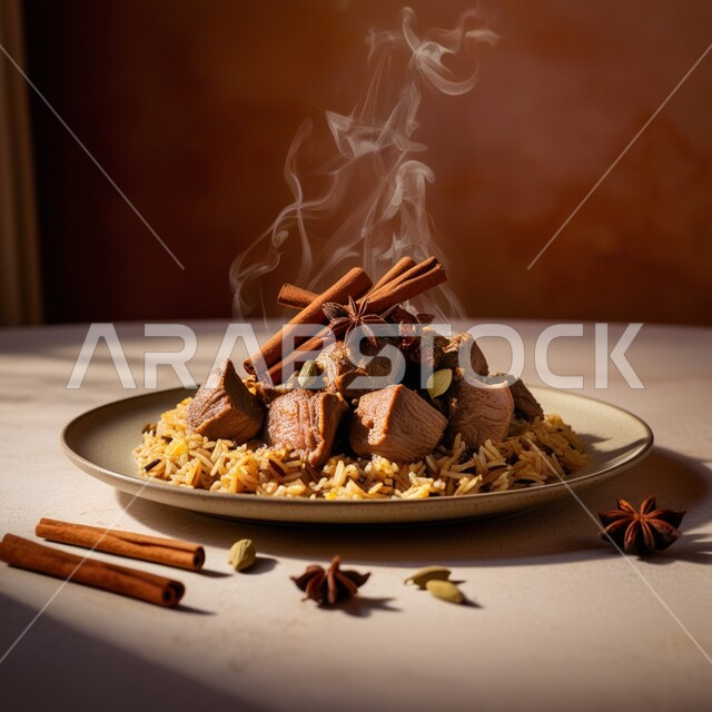 فنون تقديم الطعام في مطاعم المأكولات التقليدية الشرقية، طبق من أرز الكيبولي اللذيذ مع قطع لحم الضأن المزين بأعواد القرفة، وصفات وأطباق طعام لذيذة صحية، أكلات شعبية عربية خليجية سعودية بالأعشاب والتوابل