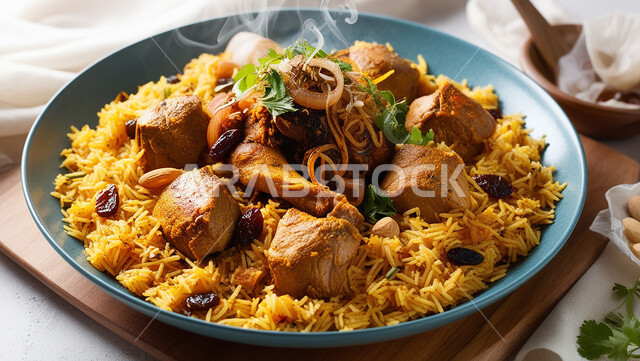 طبق من أرز الكيبولي و قطع الدجاج والخضار الطازجة، أطباق ووجبات عربية تقليدية شعبية، وصفات طعام المطبخ السعودي، مطاعم للمأكولات العربية الشرقية, صحن من رز الكبسة باللحم مع التوابل والمكسرات، فنون تقديم الطعام