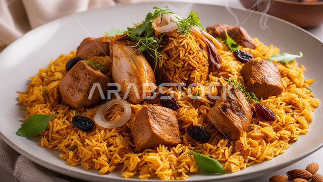 طبق من أرز الكيبولي و قطع الدجاج والخضار الطازجة، أطباق ووجبات عربية تقليدية شعبية، وصفات طعام المطبخ السعودي، مطاعم للمأكولات العربية الشرقية, صحن من رز الكبسة باللحم مع التوابل والمكسرات، فنون تقديم الطعام
