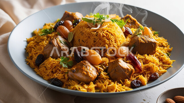 طبق من أرز الكيبولي و قطع الدجاج والخضار الطازجة، أطباق ووجبات عربية تقليدية شعبية، وصفات طعام المطبخ السعودي، مطاعم للمأكولات العربية الشرقية, صحن من رز الكبسة باللحم مع التوابل والمكسرات، فنون تقديم الطعام