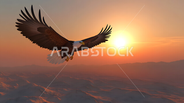 الاهتمام والعناية بالطيور، حدة بصر الطيور الجارحة، صورة مقربة لتحليق طائر النسر العربي في السماء فوق المناطق الصحراوية، الحياة البرية في المملكة العربية السعودية