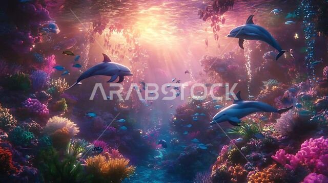 مجموعة من الدلافين الصغيرة تسبح في المياه، عرض عجائب البيئة المائية في البحر، الشعب المرجانية الملونة في اعماق البحار والمحيطات، الثروة السمكية والنباتات المائية في المملكة العربية السعودية، محمية طبيعية بحرية