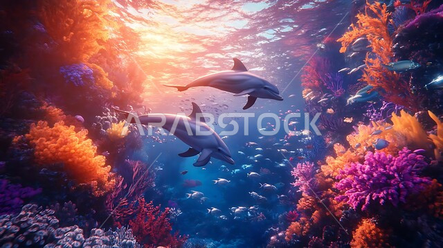 مجموعة من الدلافين الصغيرة تسبح في المياه، عرض عجائب البيئة المائية في البحر، الشعب المرجانية الملونة في اعماق البحار والمحيطات، الثروة السمكية والنباتات المائية في المملكة العربية السعودية، محمية طبيعية بحرية