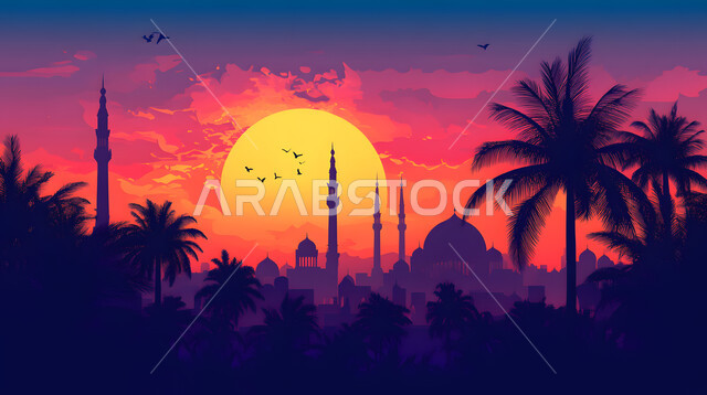 Sunset over the village horizon, palm trees growing in fields and orchards, architectural art in building mosques and places of worship on the Arab-Islamic style, towering domes and minarets, old mud houses, background of the sun in the sky