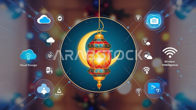 رسومات ثلاثية الأبعاد لرمز عطلة عيد الفطر السعيد، فانوس ملون مزخرف ومضيء معلق مع الهلال، الاحتفال بالمناسبات والأعياد الإسلامية، العطل والإجازات الرسمية في المملكة العربية السعودية، أيقونات هولوجرامية برمجية حول المصباح المتوهج 