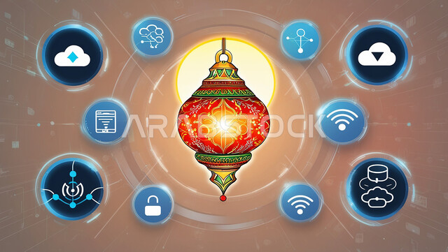 الاحتفال بالمناسبات والأعياد الإسلامية، رسومات ثلاثية الأبعاد لرمز عطلة عيد الفطر السعيد، فانوس ملون مزخرف ومضيء، العطل والإجازات الرسمية في المملكة العربية السعودية، أيقونات هولوجرامية برمجية حول المصباح المتوهج 