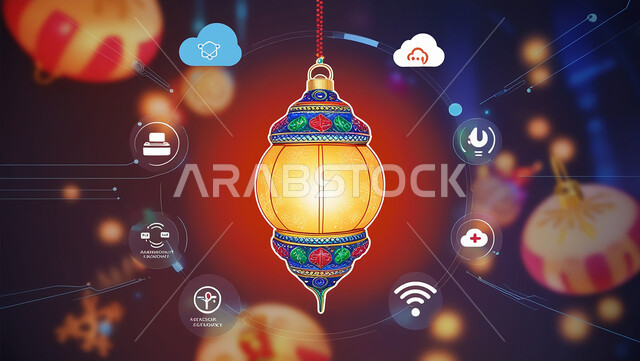 الاحتفال بالمناسبات والأعياد الإسلامية، رسومات ثلاثية الأبعاد لرمز عطلة عيد الفطر السعيد، فانوس ملون مزخرف ومضيء، العطل والإجازات الرسمية في المملكة العربية السعودية، أيقونات هولوجرامية برمجية حول المصباح المتوهج 