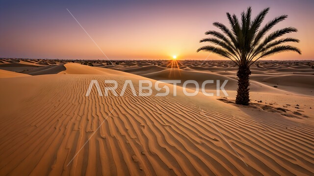 نمو شجرة النخيل في الأراضي الصحراوية، رحلات السفاري الترفيهية، الكثبان والرمال الذهبية الناعمة في مناطق البادية، المناظر الطبيعية في المملكة العربية السعودية، الهضاب والتلال والتشكيلات الرملية في الصحراء وقت غروب الشمس