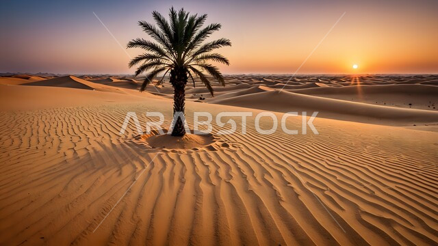 Plateaus, hills and sand formations in the desert at sunset, palm tree growth in the desert lands, recreational safari trips, dunes and soft golden sand in the desert areas, landscapes in the Kingdom of Saudi Arabia