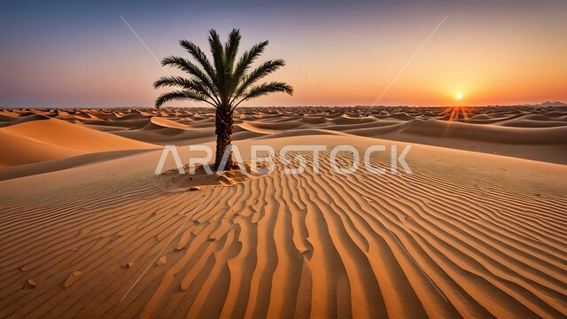 المناظر الطبيعية في المملكة العربية السعودية، الهضاب والتلال والتشكيلات الرملية في الصحراء وقت غروب الشمس، نمو شجرة النخيل في الأراضي الصحراوية، رحلات السفاري الترفيهية، الكثبان والرمال الذهبية الناعمة في مناطق البادية
