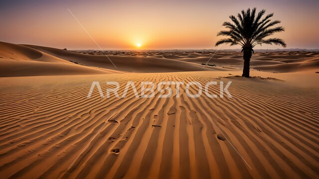 نمو شجرة النخيل في الأراضي الصحراوية، رحلات السفاري الترفيهية، الكثبان والرمال الذهبية الناعمة في مناطق البادية، المناظر الطبيعية في المملكة العربية السعودية، الهضاب والتلال والتشكيلات الرملية في الصحراء وقت غروب الشمس