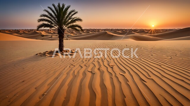 الهضاب والتلال والتشكيلات الرملية في الصحراء وقت غروب الشمس، نمو شجرة النخيل في الأراضي الصحراوية، رحلات السفاري الترفيهية، الكثبان والرمال الذهبية الناعمة في مناطق البادية، المناظر الطبيعية في المملكة العربية السعودية