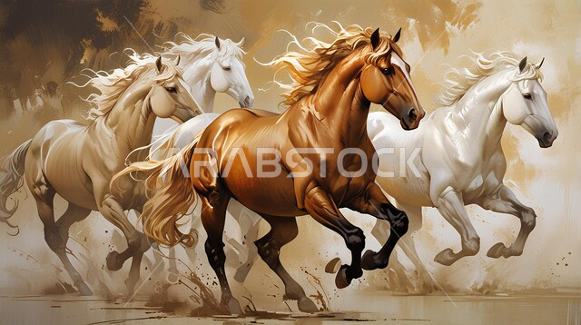 A symbol of chivalry and courage, following the traditions of the ancestors in caring for and raising horses, an oil painting of purebred Arabian horses running, inheriting the love of horses from the sons of the homeland, a passion for caring for animals in the Kingdom of Saudi Arabia