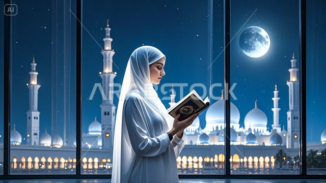  تلاوة وقراءة القرآن الكريم، مفهوم الطمأنينه والخشوع، إمرأة عربية سعودية خليجية ترتدي الحجاب والعباءة تحمل بيدها المصحف الشريف، التقرب الى الله في شهر رمضان، الإكثار من ذكر الله تعالى والإجتهاد في العباده، خلفية المسجد