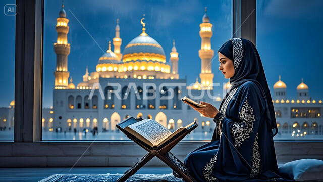 الإكثار من ذكر الله تعالى والإجتهاد في العباده، تلاوة وقراءة القرآن الكريم، مفهوم الطمأنينه والخشوع، إمرأة عربية سعودية خليجية ترتدي الحجاب والعباءة تحمل بيدها المصحف الشريف، التقرب الى الله في شهر رمضان، خلفية المسجد