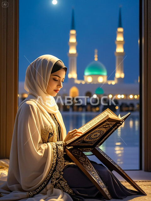 الإكثار من ذكر الله تعالى والإجتهاد في العباده، تلاوة وقراءة القرآن الكريم، مفهوم الطمأنينه والخشوع، إمرأة عربية سعودية خليجية ترتدي الحجاب والعباءة تحمل بيدها المصحف الشريف، التقرب الى الله في شهر رمضان، خلفية المسجد