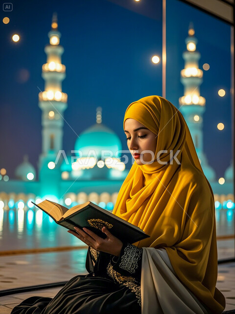 التقرب الى الله في شهر رمضان، تلاوة وقراءة القرآن الكريم، مفهوم الطمأنينه والخشوع، إمرأة عربية سعودية خليجية ترتدي الحجاب والعباءة تحمل بيدها المصحف الشريف، الإكثار من ذكر الله تعالى والإجتهاد في العباده، خلفية المسجد