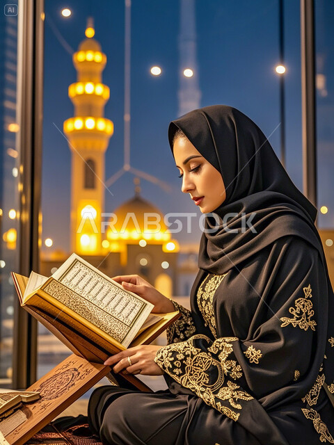 Remembrance of Allah Almighty and striving in worship, reciting and reading the Holy Quran, the concept of tranquility and humility, a Saudi Arabian Gulf woman wearing the hijab and abaya holding the Holy Quran in her hand, getting closer to Allah in the month of Ramadan, mosque background