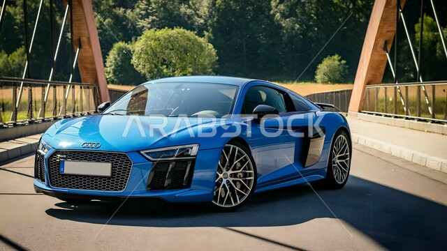 سيارة اودي فخمة مركونة في احدى الطرقات، العلامات التجارية المشهورة, وسائل النقل البرية الحديثة, معرض السيارات المتميز في دولة الكويت, مركبة زرقاء فاخرة, فعاليات ومعارض المركبات الأنيقة