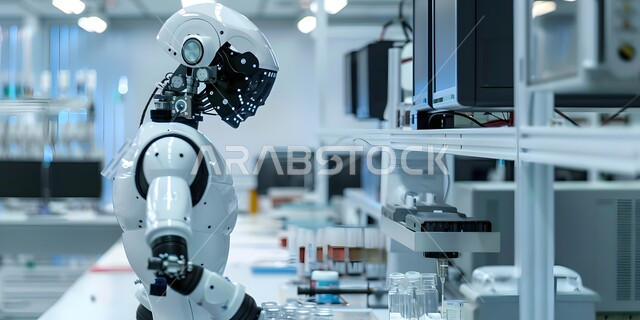 تحقيق الرؤية المستقبلية التكنولوجية 2030، استخدام الروبوتات الذكية في المختبرات، استعمال التقنيات الحديثة في المجال العلمي، مفهوم التطور التقني، رجل آلي متطور يقف في المخبر يقوم بإجراء التجارب والتحاليل