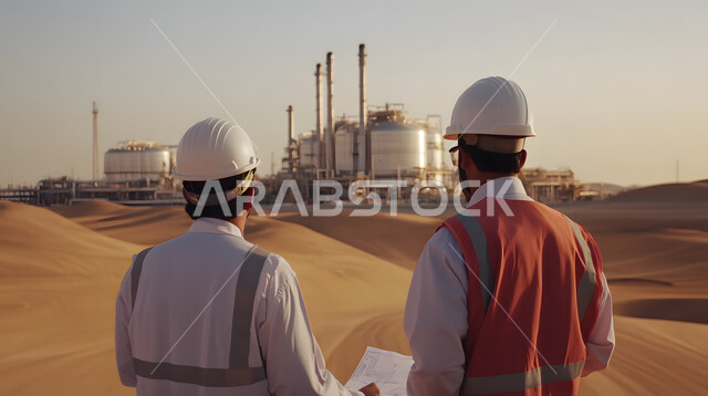 النهضة بالاقتصاد الوطني السعودي, استخراج وتصدير الثروات الباطنية, مصانع تكرير النفط والغاز في صحاري المملكة العربية السعودية, صناعة وتخزين البترول, صورة من الخلف لمهندسان عربيان خليجيان سعوديان يقفان أمام المصنع
