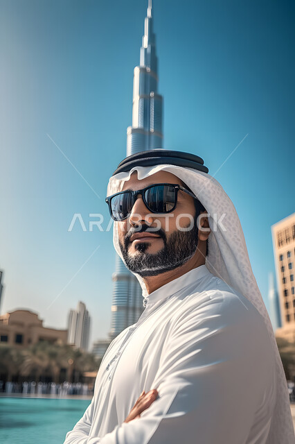 The concept of masculinity and elegance, interest in appearance, close-up image of an Emirati Gulf Arab man wearing a white kandura and ghutra, wearing sunglasses, standing straight and balanced, with his hands crossed in front of Burj Khalifa in Dubai, architectural art of towers and skyscrapers in the Emirates