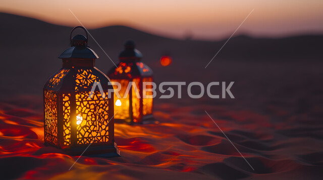 البهجة بقدوم رمضان المبارك, زينة واكسسوارات شهر الخير, الأجواء الرمضانية الروحانية, مصابيح وأنوار عربية تقليدية, منظر الكثبان الرملية في الصحرء, فوانيس معدنية مزخرفة مضيئة على الرمال الذهبية الناعمة
