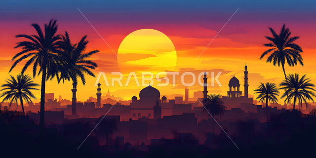 الفن الهندسي المعماري لبناء المساجد على الطراز الإسلامي, نداء المسلمين لأداء الفرائض والصلوات, مفهوم العبادة والتقرب إلى الله تعالى, التصاميم المميزة للقبب والمآذن, صورة ظلية لمسجد في الصحراء في وقت غروب الشمس, سالوليت