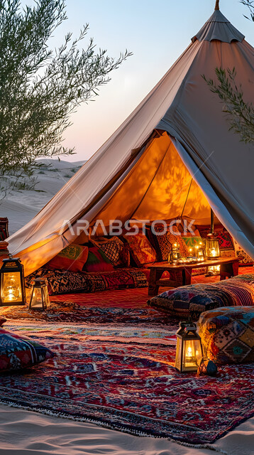 جلسة هادئة أمام الفوانيس المعدنية المضيئة، خيام شعبية في المناطق الصحراوية، مخيمات سياحية في صحاري المملكة العربية السعودية، الطبيعة والرمال الذهبية الناعمة, أجواء التخييم الشبابية الممتعة, المغامرات والكشتات البرية
