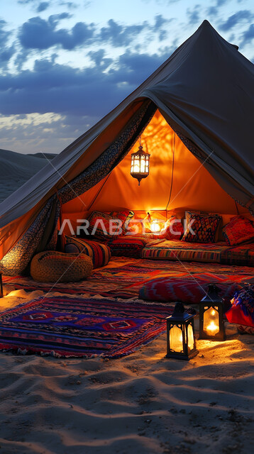 المغامرات والكشتات البرية، جلسة هادئة أمام الفوانيس المعدنية المضيئة، خيام شعبية في المناطق الصحراوية، مخيمات سياحية في صحاري المملكة العربية السعودية، الطبيعة والرمال الذهبية الناعمة, أجواء التخييم الشبابية الممتعة