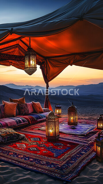 أجواء التخييم الشبابية الممتعة، المغامرات والكشتات البرية، جلسة هادئة أمام الفوانيس المعدنية المضيئة، خيام شعبية في المناطق الصحراوية، مخيمات سياحية في صحاري المملكة العربية السعودية، الطبيعة والرمال الذهبية الناعمة