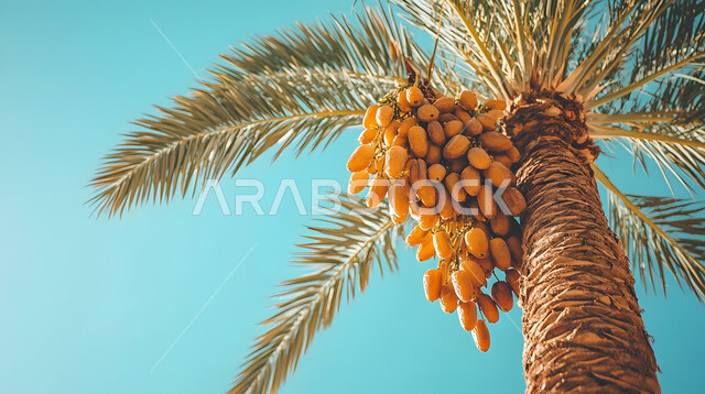 عناقيد الرطب المعلقة على شجر النخل, جودة المحاصيل الزراعية, المنتجات المحلية الوطنية، موسم حصاد التمور، مزارع النخيل في المملكة العربية السعودية، التمر العربي الخليجي الفاخر