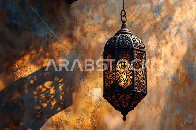 فانوس معدني مزخرف مضيء معلق على الحائط, الاحتفال بالمناسبات الدينية الإسلامية, البهجة بقدوم رمضان المبارك, زينة واكسسوارات شهر الخير, الأجواء الرمضانية الروحانية, مصابيح وأنوار عربية تقليدية