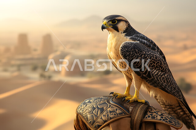 تدريب وترويض الطيور الجارحة والمفترسة، الفخر بأصالة وعراقة التراث السعودي العريق, الاهتمام بتربية الصقور في المملكة العربية السعودية، طائر الصقر في إحدى المحميات الطبيعية الصحراوية، رمز القوة والتحدي وحدة البصر