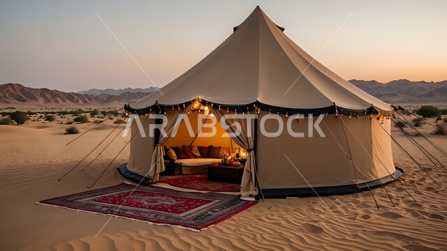 المغامرات والكشتات البرية، جلسة هادئة أمام الفوانيس المعدنية المضيئة، خيام شعبية في المناطق الصحراوية، مخيمات سياحية في صحاري المملكة العربية السعودية، الطبيعة والرمال الذهبية الناعمة, أجواء التخييم الشبابية الممتعة