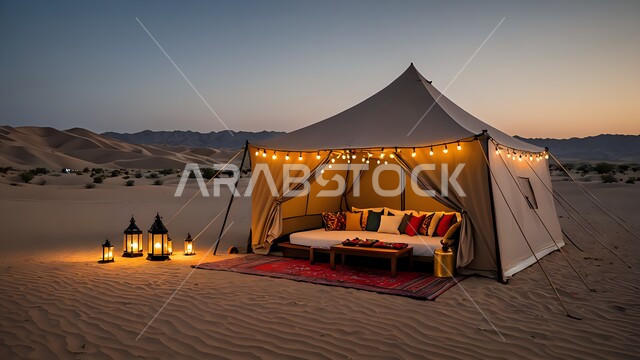 أجواء التخييم الشبابية الممتعة، المغامرات والكشتات البرية، جلسة هادئة أمام الفوانيس المعدنية المضيئة، خيام شعبية في المناطق الصحراوية، مخيمات سياحية في صحاري المملكة العربية السعودية، الطبيعة والرمال الذهبية الناعمة