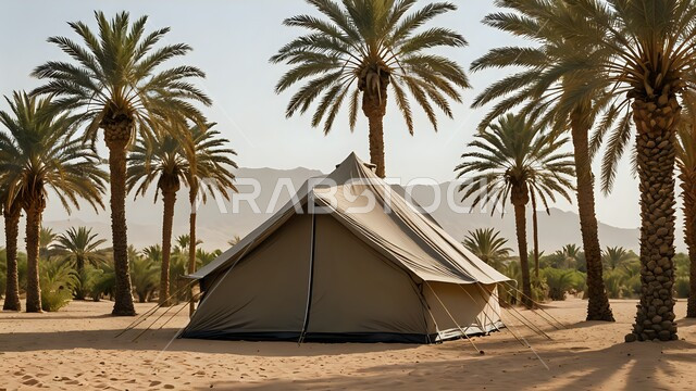 خيمة شعبية في المناطق الصحراوية، نمو أشجار النخيل في صحاري المملكة العربية السعودية، الطبيعة والرمال الذهبية الناعمة, أجواء التخييم الشبابية الممتعة، المغامرات والكشتات البرية