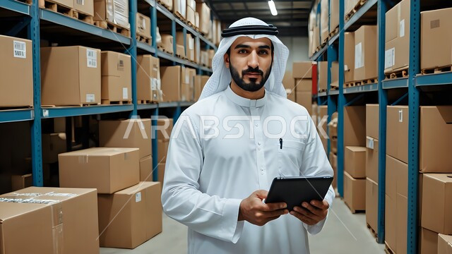 توفير خدمة التوصيل الآمنة لضمان وصول الطلبيات إلى العملاء, رجل عربي خليجي سعودي يرتدي الثوب التقليدي والغترة البيضاء يقف داخل المستودع يحمل بيده الجهاز اللوحي وينظر إلى الكاميرا, التواصل مع الزبائن باستخدام التقنيات الحديثة