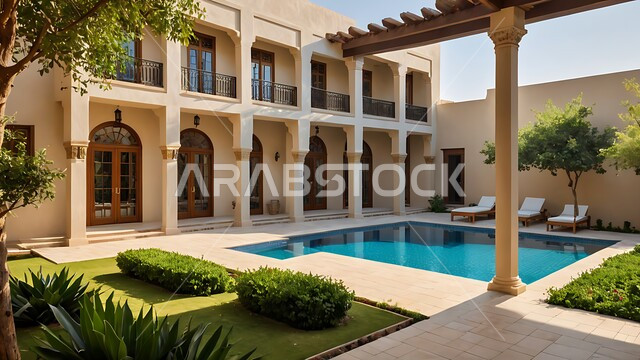 تصاميم عصرية مميزة لحوض السباحة، الاهتمام في زراعه الأشجار والنباتات الخضراء في حديقة مجمع سكني فاخر، الفن الهندسي المعماري على الطراز الحديث للشقق و الفلل السكنية