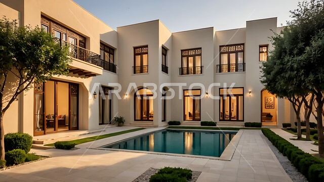 تصاميم عصرية مميزة لحوض السباحة، الاهتمام في زراعه الأشجار والنباتات الخضراء في حديقة مجمع سكني فاخر، الفن الهندسي المعماري على الطراز الحديث للشقق و الفلل السكنية