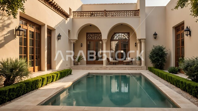 تصاميم عصرية مميزة لحوض السباحة، الاهتمام في زراعه الأشجار والنباتات الخضراء في حديقة مجمع سكني فاخر، الفن الهندسي المعماري على الطراز الحديث للشقق و الفلل السكنية