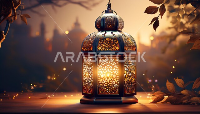 Traditional Arabic metal lantern, Arabic customs and traditions in decorating holidays and religious occasions, traditional antiques and decorations to celebrate the month of goodness, Islamic spiritual Ramadan atmosphere