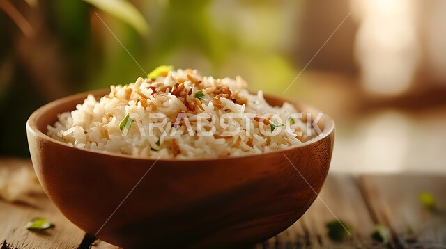 فنون تقديم الطعام في المطاعم الشرقية، مأكولات وأطباق عربية تقليدية، صورة مقربة لطبق من أرز البرياني المطهي، وصفات الطعام الصحية الشهية، صحن من الرز الأبيض مع الخضار