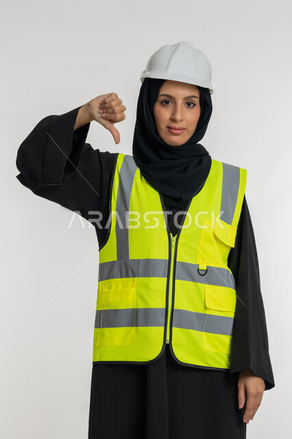 Feeling of rejection and abstention, progress and development of the Emirates at the hands of the sons of the homeland, the concept of engineering and construction work, a young Saudi woman lowering her thumb with gestures of annoyance, a portrait of a veiled Gulf Arab Emirati engineer wearing a jacket and a protective helmet working in the engineering sector, white background