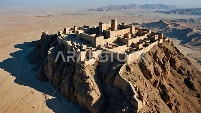 Historical mud buildings, a heritage castle in one of the deserts of the Kingdom of Saudi Arabia, terrain and rocky hills in desert areas, a view of soft golden sand in the desert